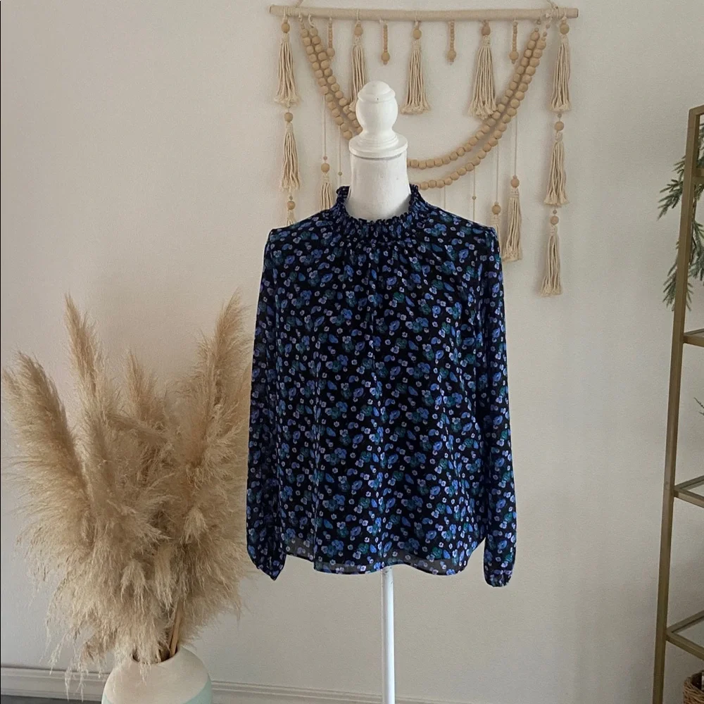 J. Crew mock neck smocked blouse top black & blue floral print crepe spring M